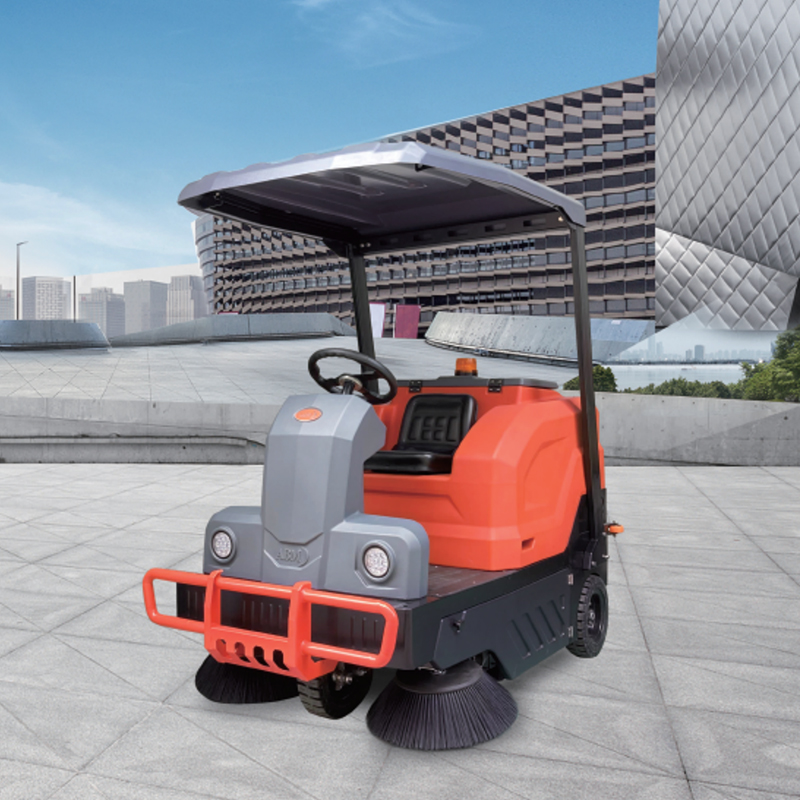 How does the electric ride-on sweeper maintain efficient cleaning on different floor materials?