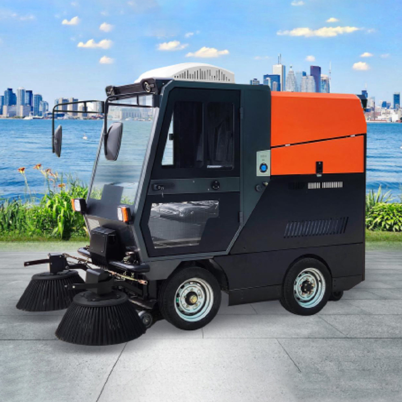 What features does the electric ride-on sweeper have that can effectively cope with different types of outdoor environments in parks?